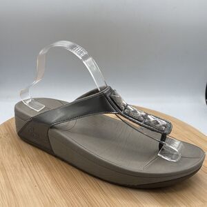 FitFlop Embellished Thong Sandals Size 9 Metallic Pewter Gray Wedge Flip Flop
